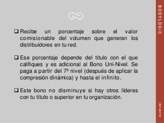  Recibe un porcentaje sobre el valor
comisionable del volumen que generan los
distribuidores en tu red.
 Ese porcentaje depende del título con el que
califiques y es adicional al Bono Uni-Nivel. Se
paga a partir del 7º nivel (después de aplicar la
compresión dinámica) y hasta el infinito.
 Este bono no disminuye si hay otros líderes
con tu título o superior en tu organización.
 