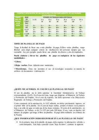 TIPOS DE PLANILLAS DE PAGO
Tengo la facultad de llevar una o más planillas de pago. Si llevo varias planillas, tengo
libertad para elegir cualquier criterio de clasificación del personal, siempre que sea
razonable. Así, por ejemplo, puedo llevar una planilla de obreros y otra de empleados.
Puedo elaborar y llevar las planillas de pago en cualquiera de las siguientes
modalidades:
• Libros.
• Hojas sueltas. Éstas deberán estar numeradas.
• Microformas. Éstas me permiten el uso de tecnologías avanzadas en materia de
archivos de documentos e información
¿QUIÉN ME AUTORIZA EL USO DE LAS PLANILLAS DE PAGO?
El uso de planillas me lo debe autorizar la Autoridad Administrativa de Trabajo
correspondiente (AAT). En el caso de Lima, tengo que dirigirme al Ministerio de Trabajo
y Promoción del Empleo. En el caso de regiones, me debo apersonar a las Direcciones
Regionales de Trabajo y Promoción del Empleo.
Como constancia de la autorización, la AAT adherirá un sticker previamente impreso, en
el primer folio de la planilla. En el caso de hojas sueltas, pondrá el sticker en la primera
hoja y un sello de agua en cada una de las hojas restantes. El costo de la autorización, en
el Ministerio de Trabajo, es de 1% UIT por cada 100 hojas. O sea, varía en función del
número de páginas que tenga el libro de planillas. El pago debo realizarlo en el Banco de
la Nación.
¿QUE INFORMACIÓN DEBO REGISTRAR EN LAS PLANILLAS DE PAGO?
 En la primera hoja de la planilla de pagos debo registrar la información referida a
cada trabajador, Esta hoja, conocida como “hoja de datos”, contiene la siguiente
 