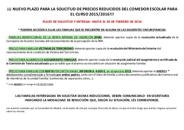 Nuevo plazo para la solicitud de precios reducidos del comedor escol… Nuevo plazo para la solicitud de precios reducidos del comedor escol…