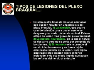 TIPOS DE LESIONES DEL PLEXO
BRAQUIAL...
 Existen cuatro tipos de lesiones nerviosas
que pueden resultar en una parálisis del
plexo braquial. 1) La avulsión, que ocurre
cuando la lesión causa que el nervio se
desgarre y se corta de la raiz espinal. Éste es
el tipo de lesión más grave del plexo braquial.
2) La ruptura, neuronexis , en la que el nervio
se desgarra pero no se corta por completo de
la columna. 3) El neuroma existe cuando el
nervio intenta sanarse y se forma tejido
cicatrizal alrededor de la lesión. Este tejido
cicatrizal ejerce presión sobre el nervio
lesionado, y de ese modo impide que pasen
las señales del nervio al músculo
 