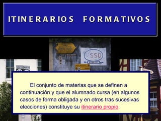 ITINERARIOS  FORMATIVOS El conjunto de materias que se definen a continuación y que el alumnado cursa (en algunos casos de forma obligada y en otros tras sucesivas elecciones) constituye su   itinerario propio . 