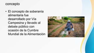 concepto
• El concepto de soberanía
alimentaria fue
desarrollado por Vía
Campesina y llevado al
debate público con
ocasión de la Cumbre
Mundial de la Alimentación
 
