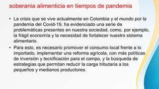 soberania alimenticia en tiempos de pandemia
• La crisis que se vive actualmente en Colombia y el mundo por la
pandemia del Covid-19, ha evidenciado una serie de
problemáticas presentes en nuestra sociedad, como, por ejemplo,
la frágil economía y la necesidad de fortalecer nuestro sistema
alimentario.
• Para esto, es necesario promover el consumo local frente a lo
importado, implementar una reforma agrícola, con más políticas
de inversión y tecnificación para el campo, y la búsqueda de
estrategias que permitan reducir la carga tributaria a los
pequeños y medianos productores.
 