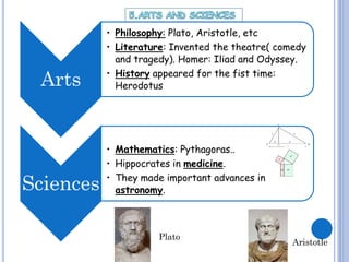 Arts

Sciences

• Philosophy: Plato, Aristotle, etc
• Literature: Invented the theatre( comedy
and tragedy). Homer: Iliad and Odyssey.
• History appeared for the fist time:
Herodotus

• Mathematics: Pythagoras..
• Hippocrates in medicine.
• They made important advances in
astronomy.

Plato

Aristotle

 