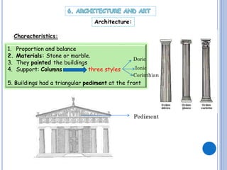 Architecture:
Characteristics:
1.
2.
3.
4.

Proportion and balance
Materials: Stone or marble.
They painted the buildings
Support: Columns
three styles

Doric
Ionic
Corinthian

5. Buildings had a triangular pediment at the front

Pediment

 