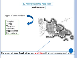 Architecture:

Types of constructions:
Temples
Tombs
Theatres
Stadiums
Hippodromes
Gymnasiums

The layout of some Greek cities was grid-like with streets crossing each other.

 