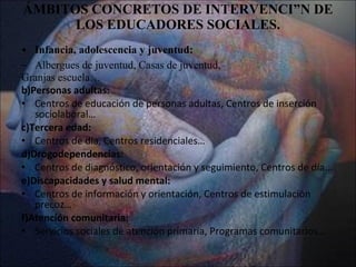 ÁMBITOS CONCRETOS DE INTERVENCIÓN DE LOS EDUCADORES SOCIALES. Infancia, adolescencia y juventud: Albergues de juventud, Casas de juventud, Granjas escuela… b)Personas adultas: Centros de educación de personas adultas, Centros de inserción sociolaboral… c)Tercera edad: Centros de día, Centros residenciales… d)Drogodependencias: Centros de diagnóstico, orientación y seguimiento, Centros de día… e)Discapacidades y salud mental: Centros de información y orientación, Centros de estimulación precoz… f)Atención comunitaria: Servicios sociales de atención primaria, Programas comunitarios… 