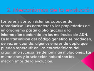 2. Mecanismos de la evolución Los seres vivos son sistemas capaces de reproducirse. Los caracteres y las propiedades de un organismo pasan a otro gracias a la información contenida en las moléculas de ADN. En la transmisión del código genético se producen, de vez en cuando, algunos errores de copia que pueden repercutir en  las características del organismo sucesor. Se denominan mutaciones. Las mutaciones y la selección natural son los mecanismos de la evolución.