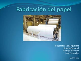 Fabricación del papel                                                  Integrantes: Tania Apablaza                                                                            Romina Sandoval                                                                             Rodrigo Inostroza                                                                           Jorge Fernández                                                                  Curso: 6ºA 