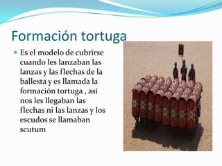 Formación tortugaEs el modelo de cubrirse cuando les lanzaban las lanzas y las flechas de la ballesta y es llamada la formación tortuga , así nos les llegaban las flechas ni las lanzas y los escudos se llamaban scutum 