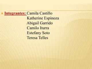    Integrantes: Camila Castillo
                 Katherine Espinoza
                 Abigail Garrido
                 Camilo Iturra
                 Estefany Soto
                 Teresa Telles
 
