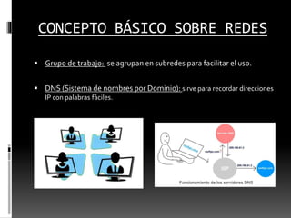 CONCEPTO BÁSICO SOBRE REDES
 Grupo de trabajo: se agrupan en subredes para facilitar el uso.
 DNS (Sistema de nombres por Dominio): sirve para recordar direcciones
IP con palabras fáciles.
 