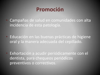 Promoción
• Campañas de salud en comunidades con alta
incidencia de esta patología.
• Educación en las buenas prácticas de higiene
oral y la manera adecuada del cepillado.
• Exhortación a acudir periódicamente con el
dentista, para chequeos periódicos
preventivos o correctivos.
 