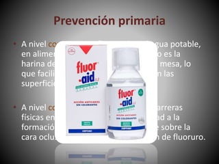 Prevención primaria
• A nivel comunitario, fluoración del agua potable,
en alimento de alta demanda como lo es la
harina de maíz (tortilla) y en la sal de mesa, lo
que facilita la adherencia del calcio en las
superficies dentales.
• A nivel consultorio, se cuentan con barreras
físicas en las piezas con susceptibilidad a la
formación de caries, específicamente sobre la
cara oclusal del diente y la colocación de fluoruro.
 