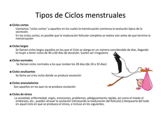 Tipos de Ciclos menstruales
◘ Ciclos cortos
Llamamos "ciclos cortos" a aquellos en los cuales la menstruación comienza la evolución típica de la
secreción.
En los ciclos cortos, es posible que la maduración folicular completa se realice aún antes de que termine la
menstruación
◘ Ciclos largos
Se llaman ciclos largos aquellos en los que el Ciclo se alarga en un número considerable de días, llegando
la mujer a tener ciclos de 40 a 60 días de duración. Suelen ser irregulares.
◘ Ciclos normales
Se llaman ciclos normales a los que rondan los 28 días (de 24 a 32 días)
◘ Ciclos ovulizantes
Se llama así a los ciclos donde se produce ovulación
◘ Ciclos anovulatorios
Son aquellos en los que no se produce ovulación.
◘ Ciclos de stress
La ansiedad, enfermedad, viajes, emociones, problemas, adelgazamiento rápido, así como el miedo al
embarazo, etc., pueden atrasar la ovulación (retrasando la maduración del folículo) o bloquearla del todo
en aquel ciclo en que se produzca el stress, e incluso en los siguientes.
 