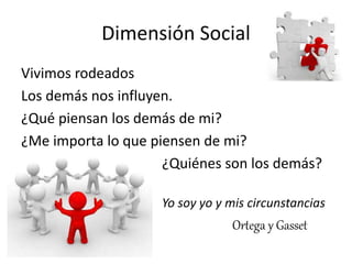 Dimensión Social
Vivimos rodeados
Los demás nos influyen.
¿Qué piensan los demás de mi?
¿Me importa lo que piensen de mi?
¿Quiénes son los demás?
Yo soy yo y mis circunstancias
Ortega y Gasset
 