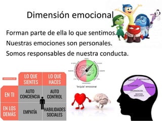 Dimensión emocional
Forman parte de ella lo que sentimos.
Nuestras emociones son personales.
Somos responsables de nuestra conducta.
 