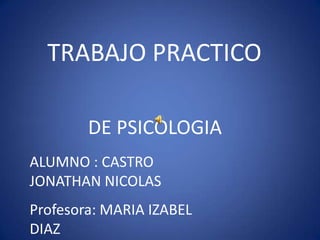 TRABAJO PRACTICO

        DE PSICOLOGIA
ALUMNO : CASTRO
JONATHAN NICOLAS
Profesora: MARIA IZABEL
DIAZ
 