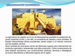 La agricultura de regadío en el sur de Mesopotamia posibilitó la recolección de
varias cosechas al año, y con ello, un excedente de cebada y otros cereales. El
Estado intercambiaba dichos excedentes, dando origen a un intenso comercio
con los pueblos vecinos.
Gran cantidad de caravanas venían de diferentes lugares para intercambiar los
productos agrícolas o artesanales que ellos producían. Como consecuencia de
esta relación económica, sus conocimientos artísticos, técnicos e ideológicos
se fueron difundiendo a diferentes lugares de la región.

 