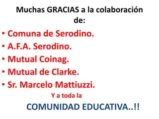 Muchas GRACIAS a la colaboración
de:

• Comuna de Serodino.
• A.F.A. Serodino.
• Mutual Coinag.
• Mutual de Clarke.
• Sr. Marcelo Mattiuzzi.
Y a toda la

COMUNIDAD EDUCATIVA..!!

 