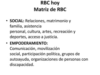 RBC hoy
              Matriz de RBC
• SOCIAL: Relaciones, matrimonio y
  familia, asistencia
  personal, cultura, artes, recreación y
  deportes, acceso a justicia.
• EMPODERAMIENTO:
  Comunicación, movilización
  social, participación política, grupos de
  autoayuda, organizaciones de personas con
  discapacidad.
 