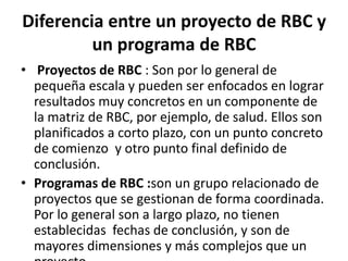 Diferencia entre un proyecto de RBC y
         un programa de RBC
• Proyectos de RBC : Son por lo general de
  pequeña escala y pueden ser enfocados en lograr
  resultados muy concretos en un componente de
  la matriz de RBC, por ejemplo, de salud. Ellos son
  planificados a corto plazo, con un punto concreto
  de comienzo y otro punto final definido de
  conclusión.
• Programas de RBC :son un grupo relacionado de
  proyectos que se gestionan de forma coordinada.
  Por lo general son a largo plazo, no tienen
  establecidas fechas de conclusión, y son de
  mayores dimensiones y más complejos que un
 