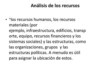 Análisis de los recursos

• "los recursos humanos, los recursos
 materiales (por
 ejemplo, infraestructura, edificios, transp
 orte, equipo, recursos financieros y los
 sistemas sociales) y las estructuras, como
 las organizaciones, grupos y las
 estructuras políticas. A menudo es útil
 para asignar la ubicación de estos.
 