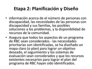 Etapa 2: Planificación y Diseño
• información acerca de el número de personas con
  discapacidad, las necesidades de las personas con
  discapacidad y sus familias, las posibles
  soluciones a los problemas, y la disponibilidad de
  recursos de la comunidad.
• Asegura que todos los aspectos de un programa
  de RBC sean considerados - las necesidades
  prioritarias son identificadas, se ha diseñado un
  mapa claro (o plan) para lograr un objetivo
  deseado, el seguimiento y los sistemas de
  evaluación sean considerados y que los recursos
  existentes necesarios para lograr el plan del
  programa de RBC hayan sido identificados.
 
