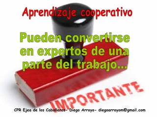CPR Ejea de los Caballeros- Diego Arroyo- diegoarroyom@gmail.com Aprendizaje cooperativo Pueden convertirse en expertos de una parte del trabajo... 
