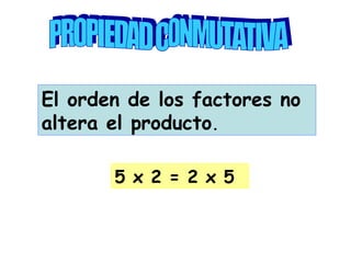 El orden de los factores no
altera el producto.

       5 x 2 = 2 x 5
 
