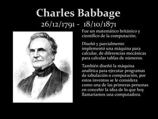Charles Babbage
26/12/1791 - 18/10/1871

Fue un matemático británico y
científico de la computación.
Diseñó y parcialmente
implementó una máquina para
calcular, de diferencias mecánicas
para calcular tablas de números.
También diseñó la máquina
analítica para ejecutar programas
de tabulación o computación, por
estos inventos se le considera
como una de las primeras personas
en concebir la idea de lo que hoy
llamaríamos una computadora.

 