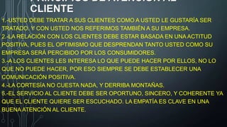 PRINCIPIOS DE ATENCIÓN AL
CLIENTE
1.-USTED DEBE TRATAR A SUS CLIENTES COMO A USTED LE GUSTARÍA SER
TRATADO. Y CON USTED NOS REFERIMOS TAMBIÉN A SU EMPRESA.
2.-LA RELACIÓN CON LOS CLIENTES DEBE ESTAR BASADA EN UNA ACTITUD
POSITIVA, PUES EL OPTIMISMO QUE DESPRENDAN TANTO USTED COMO SU
EMPRESA SERÁ PERCIBIDO POR LOS CONSUMIDORES.
3.-A LOS CLIENTES LES INTERESA LO QUE PUEDE HACER POR ELLOS, NO LO
QUE NO PUEDE HACER, POR ESO SIEMPRE SE DEBE ESTABLECER UNA
COMUNICACIÓN POSITIVA.
4.-LA CORTESÍA NO CUESTA NADA, Y DERRIBA MONTAÑAS.
5.-EL SERVICIO AL CLIENTE DEBE SER OPORTUNO, SINCERO, Y COHERENTE YA
QUE EL CLIENTE QUIERE SER ESCUCHADO. LA EMPATÍA ES CLAVE EN UNA
BUENA ATENCIÓN AL CLIENTE.

 
