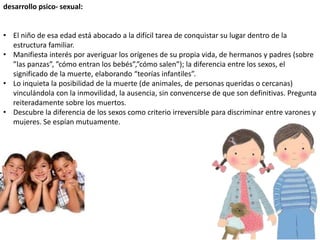 desarrollo psico- sexual:
• El niño de esa edad está abocado a la difícil tarea de conquistar su lugar dentro de la
estructura familiar.
• Manifiesta interés por averiguar los orígenes de su propia vida, de hermanos y padres (sobre
”las panzas”, ”cómo entran los bebés”,”cómo salen”); la diferencia entre los sexos, el
significado de la muerte, elaborando “teorías infantiles”.
• Lo inquieta la posibilidad de la muerte (de animales, de personas queridas o cercanas)
vinculándola con la inmovilidad, la ausencia, sin convencerse de que son definitivas. Pregunta
reiteradamente sobre los muertos.
• Descubre la diferencia de los sexos como criterio irreversible para discriminar entre varones y
mujeres. Se espían mutuamente.
 