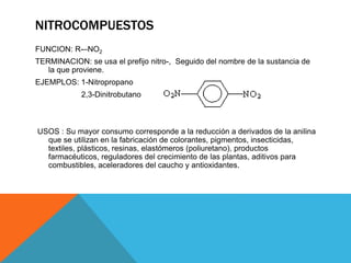 NITROCOMPUESTOS
FUNCION: R-–NO2
TERMINACION: se usa el prefijo nitro-, Seguido del nombre de la sustancia de
la que proviene.
EJEMPLOS: 1-Nitropropano
2,3-Dinitrobutano
USOS : Su mayor consumo corresponde a la reducción a derivados de la anilina
que se utilizan en la fabricación de colorantes, pigmentos, insecticidas,
textiles, plásticos, resinas, elastómeros (poliuretano), productos
farmacéuticos, reguladores del crecimiento de las plantas, aditivos para
combustibles, aceleradores del caucho y antioxidantes.
 