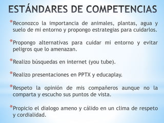 *Reconozco la importancia de animales, plantas, agua y 
suelo de mi entorno y propongo estrategias para cuidarlos. 
*Propongo alternativas para cuidar mi entorno y evitar 
peligros que lo amenazan. 
*Realizo búsquedas en internet (you tube). 
*Realizo presentaciones en PPTX y educaplay. 
*Respeto la opinión de mis compañeros aunque no la 
comparta y escucho sus puntos de vista. 
*Propicio el dialogo ameno y cálido en un clima de respeto 
y cordialidad. 
 