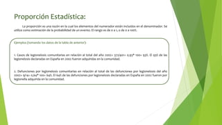 Proporción Estadística:
La proporción es una razón en la cual los elementos del numerador están incluidos en el denominador. Se
utiliza como estimación de la probabilidad de un evento. El rango es de 0 a 1, o de 0 a 100%.
Ejemplos (tomando los datos de la tabla de anterior):
1. Casos de legionelosis comunitarias en relación al total del año 2002= 372/401= 0,93* 100= 93%. El 93% de las
legionelosis declaradas en España en 2002 fueron adquiridas en la comunidad.
2. Defunciones por legionelosis comunitarias en relación al total de las defunciones por legionelosis del año
2002= 9/14= 0,64* 100= 64%. El 64% de las defunciones por legionelosis declaradas en España en 2002 fueron por
legionella adquirida en la comunidad.
 