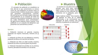  Población
El concepto de población en estadística va
más allá de lo que comúnmente se conoce
como tal. Una población se precisa como un
conjunto finito o infinito de personas u objetos
que presentan características comunes.
De esta forma Levin & Rubin (1996). Indica que
"Una población es un conjunto de todos los
elementos que estamos estudiando, acerca de
los cuales intentamos sacar conclusiones".
De igual forma Cadenas (1974). Expresa "Una
población es un conjunto de elementos que
presentan una característica común".
Ejemplos:
1.- Población mexicana en general; muestra,
población de mujeres mexicanas, menores de 35
años.
2.- Población de libros de una biblioteca; muestra,
población de libros en la sección de historia.
3.- Población de niños en edad escolar; muestra,
población de niños en primer grado de primaria.
4.- Población Densidad de estrellas en el universo;
muestra, densidad de estrellas en la vía láctea.
 Muestra
La muestra es una pieza de la población a
estudiar que sirve para representarla.
Según Levin & Rubin (1996). Apuntan que
"Una muestra es una colección de algunos
elementos de la población, pero no de
todos".
Según Cadenas (1974). "Una muestra debe
ser definida en base de la población
determinada, y las conclusiones que se
obtengan de dicha muestra solo podrán
referirse a la población en referencia",
 