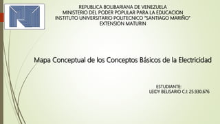 REPUBLICA BOLIBARIANA DE VENEZUELA
MINISTERIO DEL PODER POPULAR PARA LA EDUCACION
INSTITUTO UNIVERSITARIO POLITECNICO “SANTIAGO MARIÑO”
EXTENSION MATURIN
Mapa Conceptual de los Conceptos Básicos de la Electricidad
ESTUDIANTE:
LEIDY BELISARIO C.I: 25.930.676
 