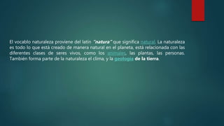 El vocablo naturaleza proviene del latín “natura” que significa natural. La naturaleza
es todo lo que está creado de manera natural en el planeta, está relacionada con las
diferentes clases de seres vivos, como los animales, las plantas, las personas.
También forma parte de la naturaleza el clima, y la geología de la tierra.
 
