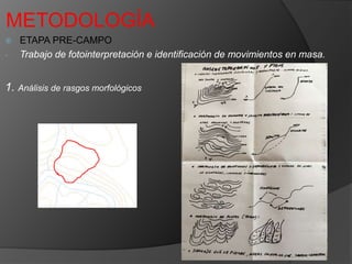 METODOLOGÍA
 ETAPA PRE-CAMPO
- Trabajo de fotointerpretación e identificación de movimientos en masa.
1. Análisis de rasgos morfológicos
 