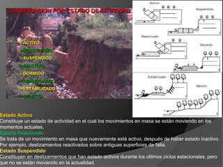 Estado Activo
Constituye un estado de actividad en el cual los movimientos en masa se están moviendo en los
momentos actuales.
Estado Reactivado
Se trata de un movimiento en masa que nuevamente está activo, después de haber estado inactivo.
Por ejemplo, deslizamientos reactivados sobre antiguas superficies de falla.
Estado Suspendido
Constituyen en deslizamientos que han estado activos durante los últimos ciclos estacionales, pero
que no se están moviendo en la actualidad.
 