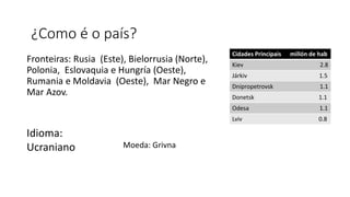 Fronteiras: Rusia (Este), Bielorrusia (Norte),
Polonia, Eslovaquia e Hungría (Oeste),
Rumania e Moldavia (Oeste), Mar Negr...