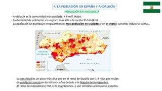 POBLACIÓN EN ANDALUCÍA
- Andalucía es la comunidad más poblada: + 8 mill. Habit.
- La densidad de población es un poco más alta a la media 95 hab/km2
- La población se distribuye irregularmente: más población en ciudades y en el litoral: turismo, industria, clima…
-La natalidad es un poco más alta que en el resto de España con 1,4 hijos por mujer.
-La población creció en los últimos años debido a la llegada de inmigrantes.
-El resto de indicadores( T.M, C.N, migraciones…) son similares al conjunto español.
4. LA POBLACIÓN EN ESPAÑA Y ANDALUCÍA
 