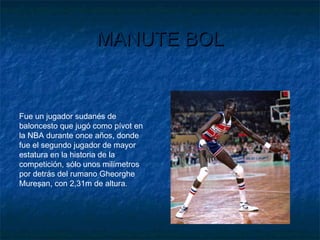 MANUTE BOLMANUTE BOL
Fue un jugador sudanés de
baloncesto que jugó como pívot en
la NBA durante once años, donde
fue el segundo jugador de mayor
estatura en la historia de la
competición, sólo unos milímetros
por detrás del rumano Gheorghe
Mureşan, con 2,31m de altura.
 