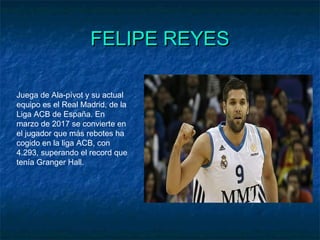 FELIPE REYESFELIPE REYES
Juega de Ala-pívot y su actual
equipo es el Real Madrid, de la
Liga ACB de España. En
marzo de 2017 se convierte en
el jugador que más rebotes ha
cogido en la liga ACB, con
4.293, superando el record que
tenía Granger Hall.
 