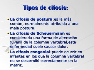 Tipos de cifosis: La cifosis de postura :es la más común, normalmente atribuida a una mala postura. La cifosis de Scheuermann  es considerada una forma de alteración juvenil de la columna vertebral,esta enfermedad suele causor dolor. La cifosis congenial :puede ocurrir en infantes en los que la columna vertebral no se desarrolló correctamente en la matriz.  