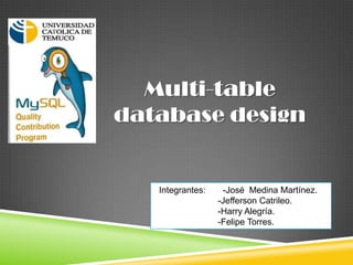Multi-table
database design


   Integrantes:    -José Medina Martínez.
                  -Jefferson Catrileo.
                  -Harry Alegría.
                  -Felipe Torres.
 