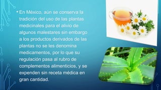 • En México, aún se conserva la
tradición del uso de las plantas
medicinales para el alivio de
algunos malestares sin embargo
a los productos derivados de las
plantas no se les denomina
medicamentos, por lo que su
regulación pasa al rubro de
complementos alimenticios, y se
expenden sin receta médica en
gran cantidad.
 