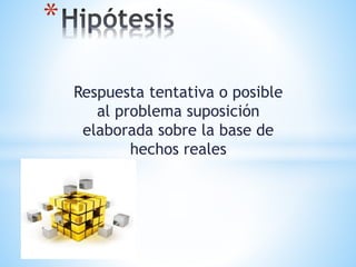 Respuesta tentativa o posible
al problema suposición
elaborada sobre la base de
hechos reales
*
 