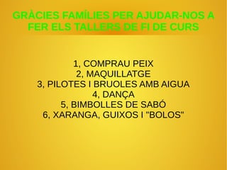 GRÀCIES FAMÍLIES PER AJUDAR-NOS A
FER ELS TALLERS DE FI DE CURS
1, COMPRAU PEIX
2, MAQUILLATGE
3, PILOTES I BRUOLES AMB AIGUA
4, DANÇA
5, BIMBOLLES DE SABÓ
6, XARANGA, GUIXOS I "BOLOS"
 